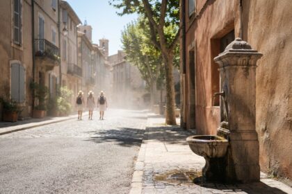 Rue d'un village provençal sous le soleil, fontaine à eau en pierre au premier plan, passants au loin dans la chaleur