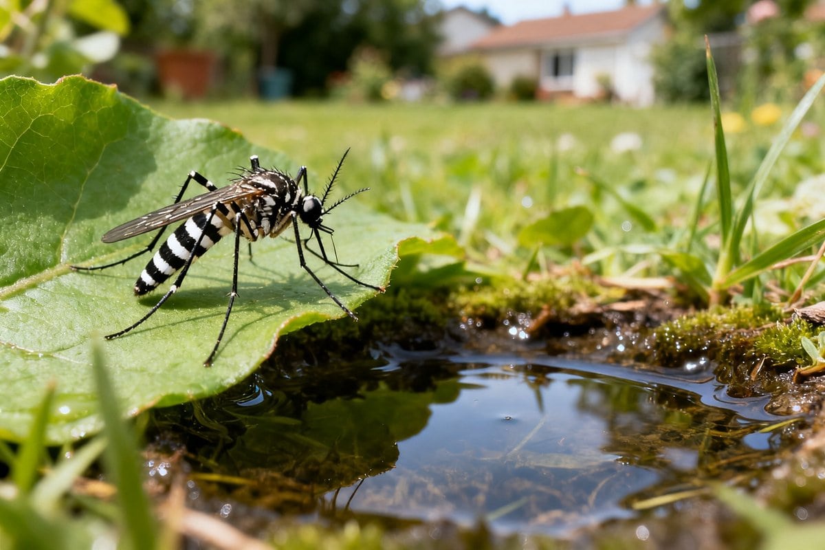 Moustique tigre rayé de noir et blanc posé sur une feuille au bord d'une flaque d'eau stagnante dans un jardin