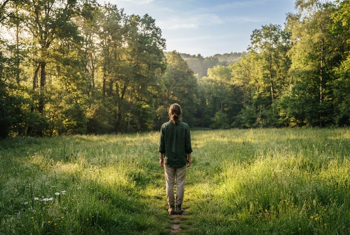 Une personne de dos, debout dans une clairière herbeuse ensoleillée, face à une lisière de forêt verdoyante.