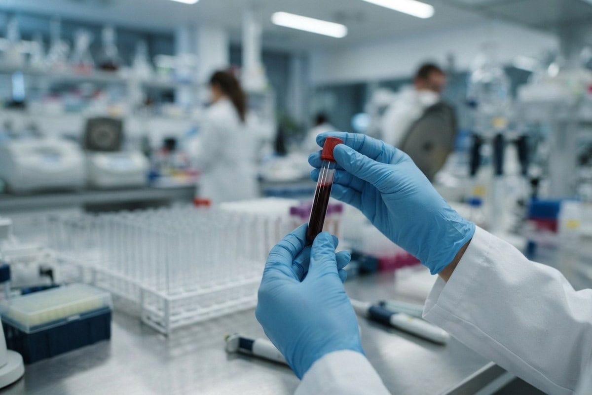 Mains gantées de bleu tenant un tube de prélèvement sanguin dans un laboratoire de recherche médicale.