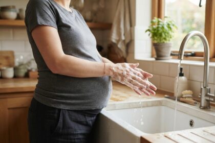 Une femme enceinte se lave les mains au savon devant l'évier d'une cuisine lumineuse