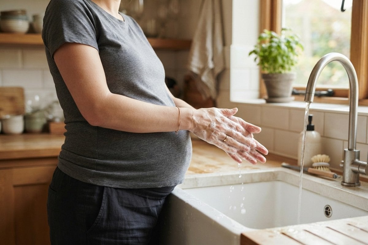 Une femme enceinte se lave les mains au savon devant l'évier d'une cuisine lumineuse