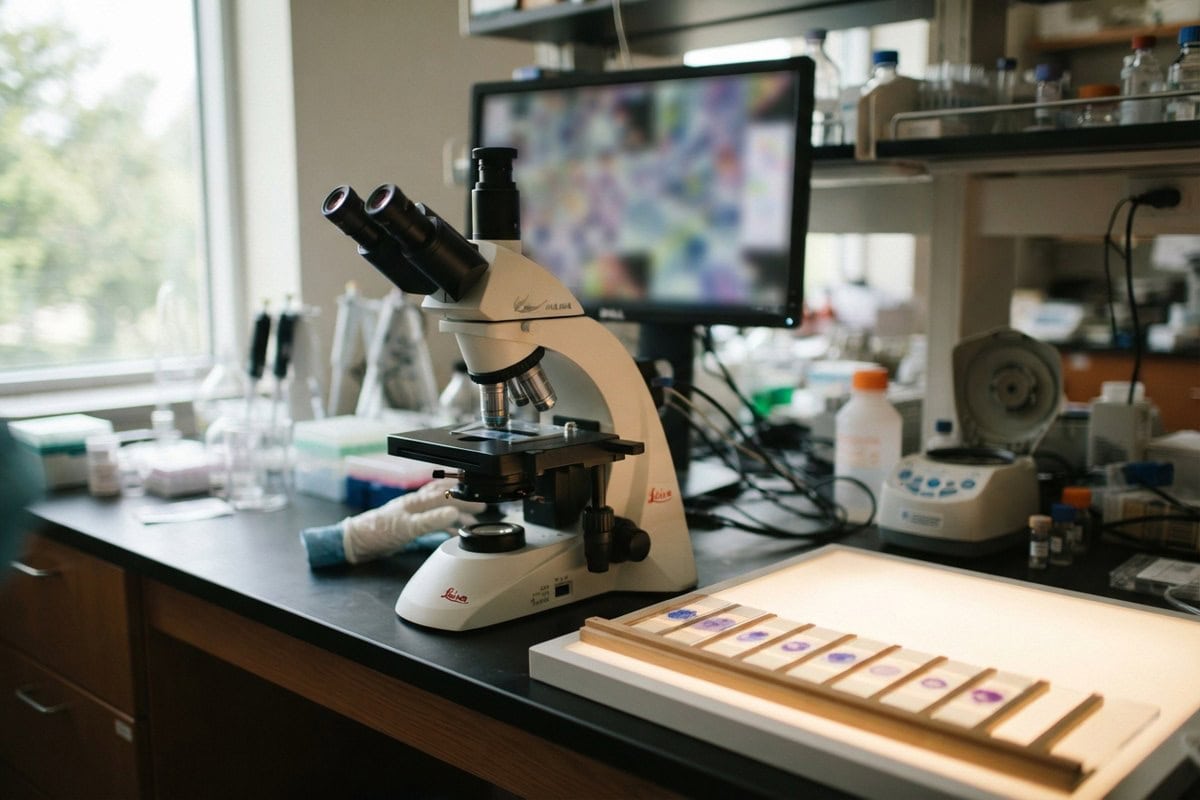 Microscope de laboratoire sur une paillasse, à côté de lames de tissu colorées sur une table lumineuse