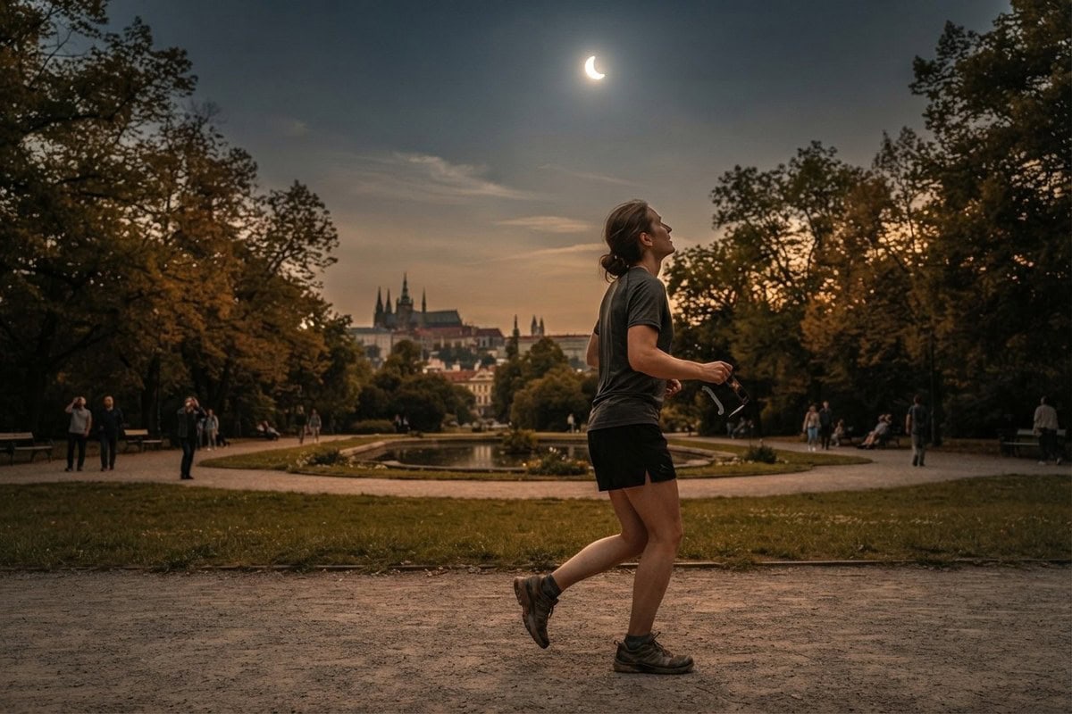 Une joggeuse court dans un parc urbain au crépuscule sous un Soleil partiellement éclipsé en forme de croissant.