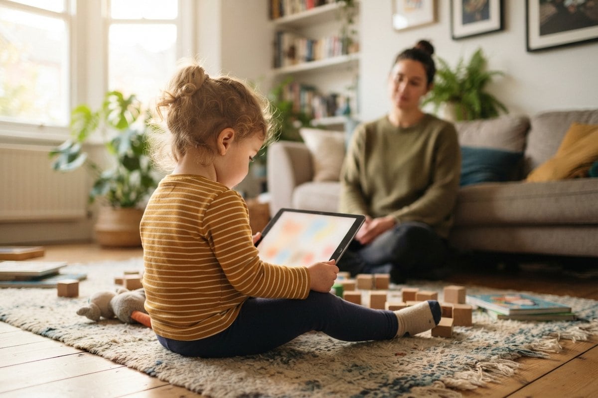 Un jeune enfant de dos, assis sur un tapis, regarde une tablette pendant qu'un parent l'observe dans le salon