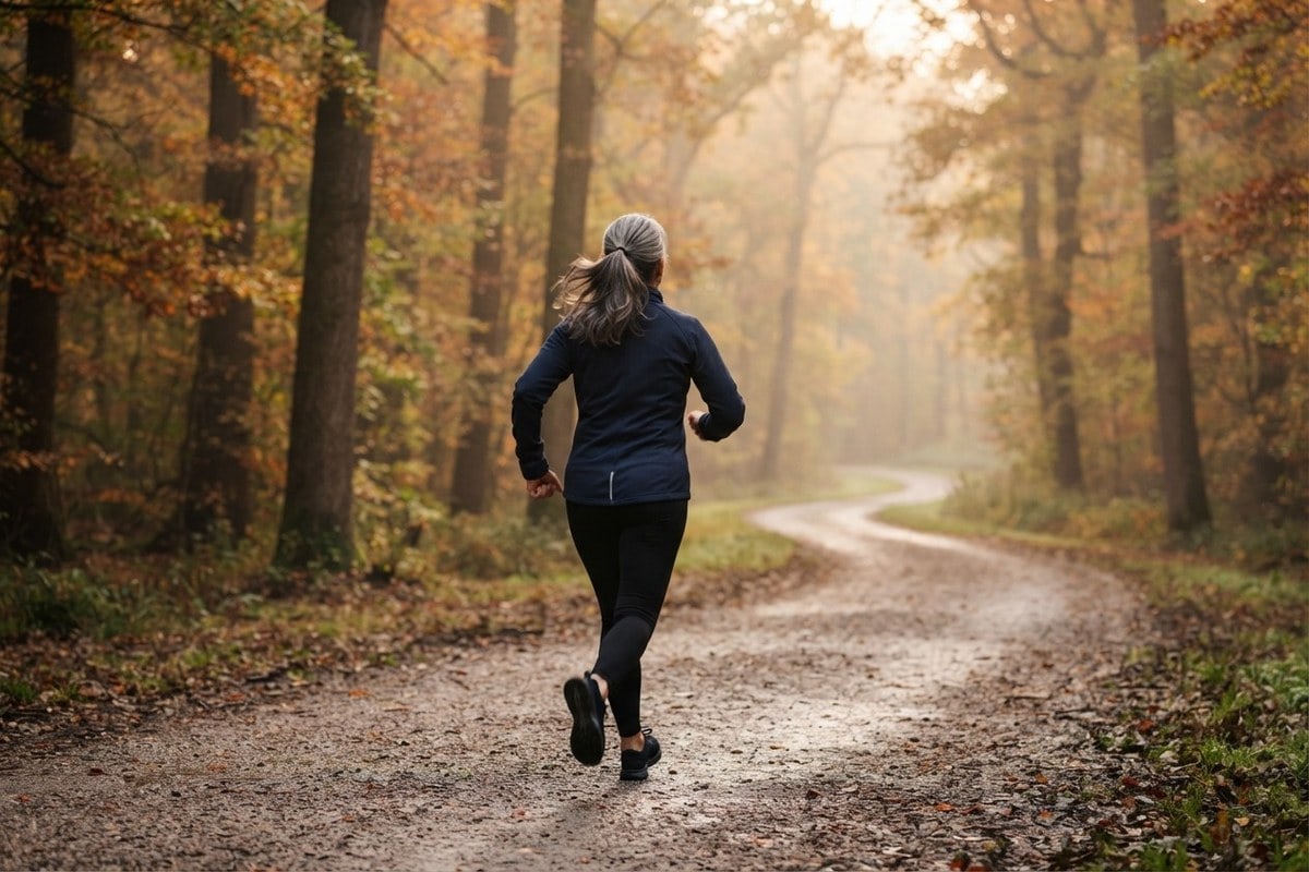 Une femme aux cheveux gris, vue de dos, court sur un chemin forestier brumeux aux couleurs d'automne.