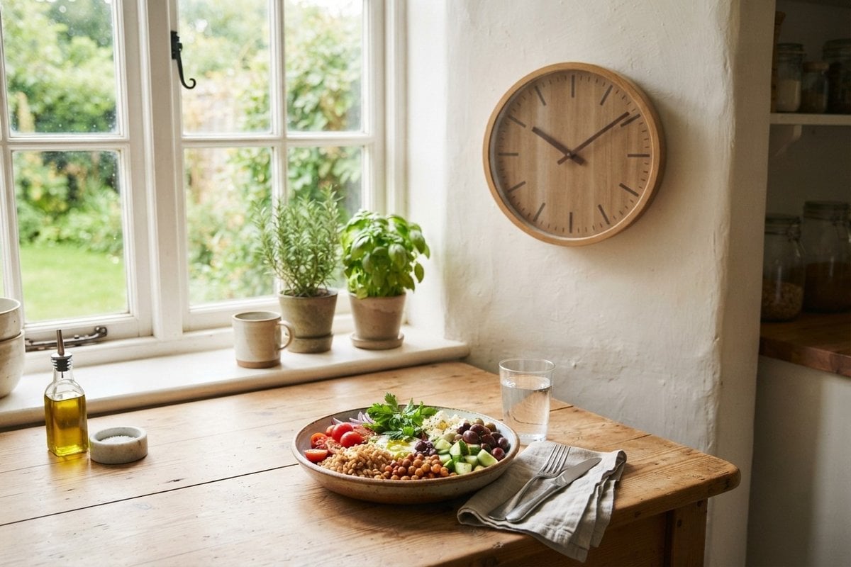 Horloge murale en bois et assiette de légumes, céréales et pois chiches sur une table de cuisine près d'une fenêtre