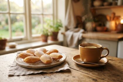 Assiette de madeleines dorées et tasse de thé fumante sur une table en bois, dans une cuisine baignée de lumière douce