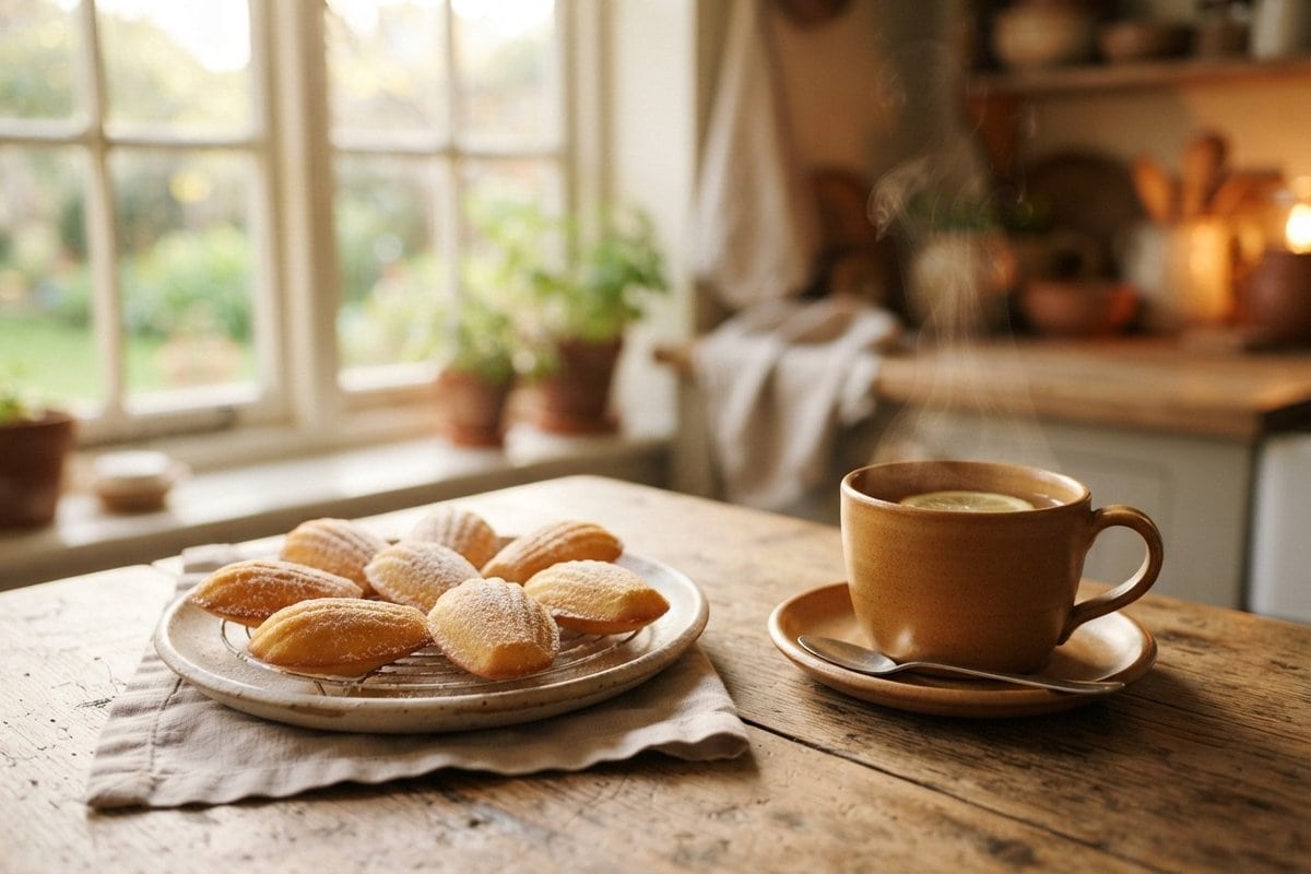 Assiette de madeleines dorées et tasse de thé fumante sur une table en bois, dans une cuisine baignée de lumière douce