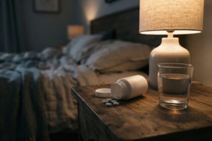Flacon de comprimés blancs renversé et cachets épars sur une table de chevet en bois, verre d'eau et lampe allumée, la nuit