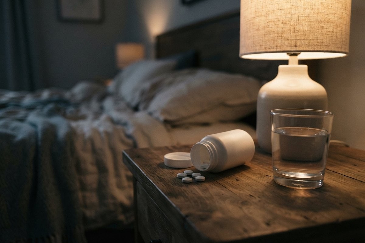 Flacon de comprimés blancs renversé et cachets épars sur une table de chevet en bois, verre d'eau et lampe allumée, la nuit