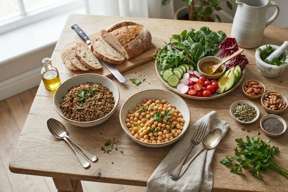 Table en bois garnie de bols de lentilles et de pois chiches, pain complet, légumes frais, fruits à coque et graines