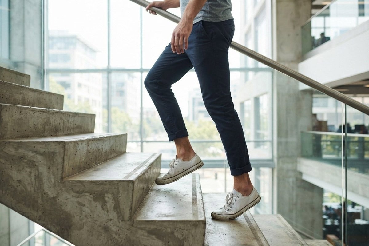 Jambes d'une personne en pantalon foncé et baskets blanches montant un escalier en béton devant de grandes baies vitrées