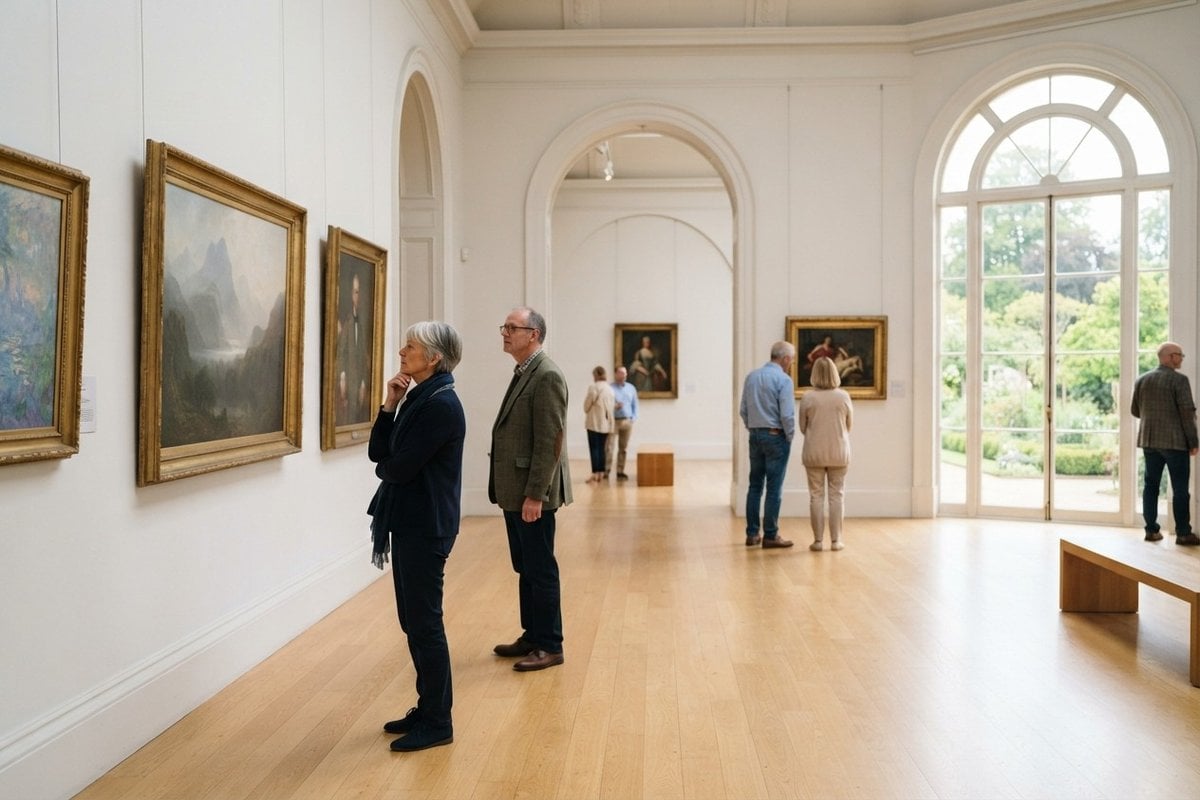 Des visiteurs adultes contemplent des tableaux dans une galerie de musée lumineuse aux grandes fenêtres