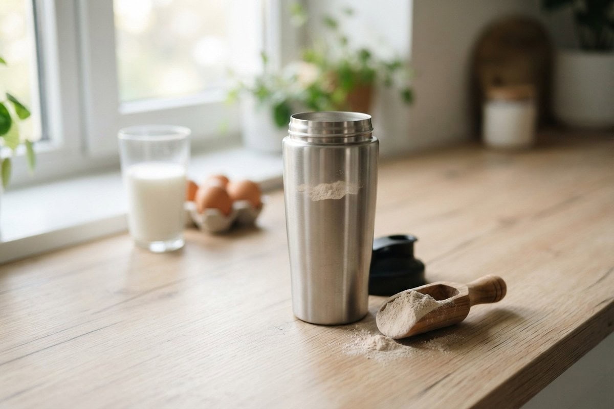 Shaker en inox et pelle de poudre protéinée sur un plan de travail en bois, un verre de lait et des œufs en arrière-plan.