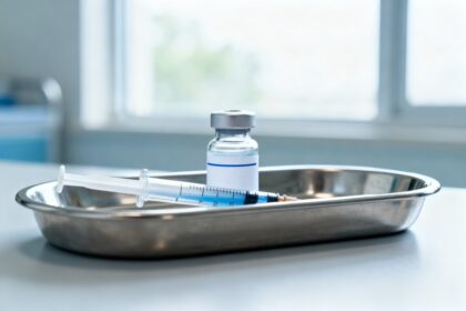 Flacon de vaccin et seringue sur un plateau médical en inox, dans une salle de soins éclairée par une fenêtre