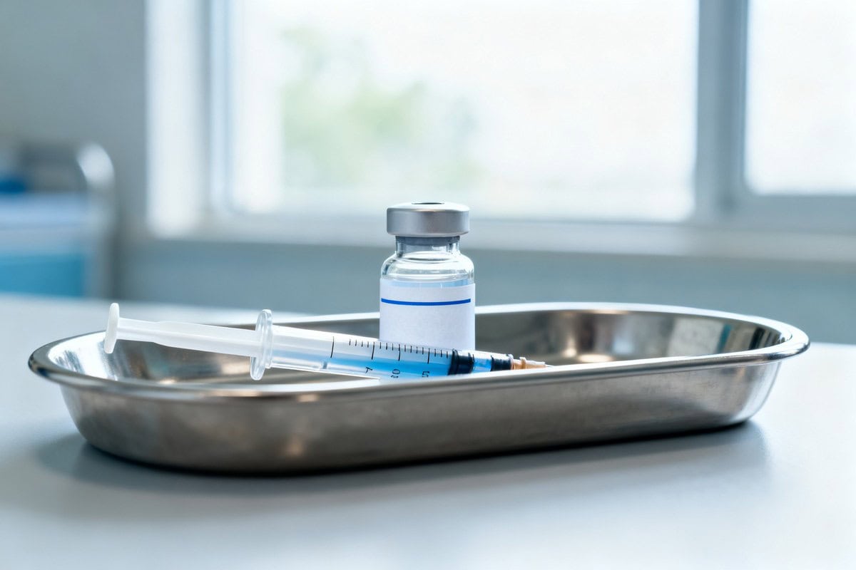 Flacon de vaccin et seringue sur un plateau médical en inox, dans une salle de soins éclairée par une fenêtre