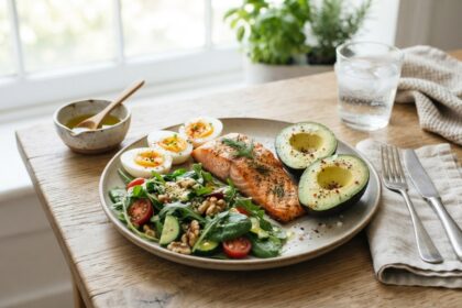 Assiette de repas cétogène : pavé de saumon grillé, œufs, avocat, salade verte et noix, sur une table en bois.