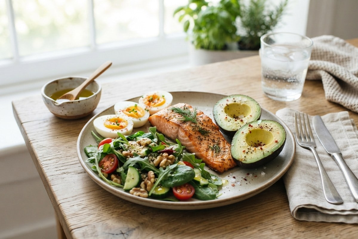 Assiette de repas cétogène : pavé de saumon grillé, œufs, avocat, salade verte et noix, sur une table en bois.