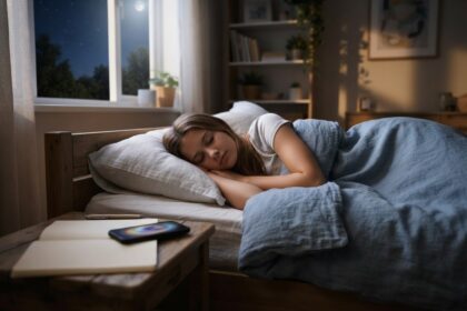 Adolescente endormie paisiblement dans son lit la nuit, un smartphone et un carnet ouvert posés sur la table de chevet.