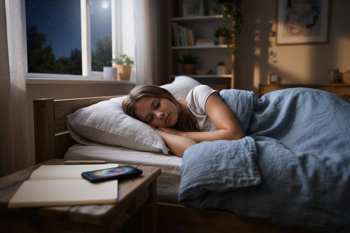 Adolescente endormie paisiblement dans son lit la nuit, un smartphone et un carnet ouvert posés sur la table de chevet.