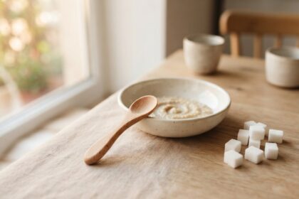 Cuillère en bois posée sur un bol de bouillie claire et morceaux de sucre blanc, sur une table près d'une fenêtre