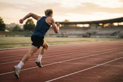Un athlète sprinte à pleine vitesse sur une piste d'athlétisme extérieure, vu de dos, au lever du jour