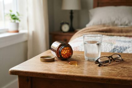 Flacon ambré de compléments renversé, capsules dorées, verre d'eau et lunettes de lecture sur une table de chevet en bois