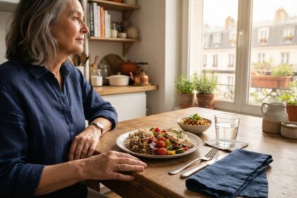 Femme d'une soixantaine d'années attablée devant une assiette de lentilles, légumes rôtis et céréales complètes