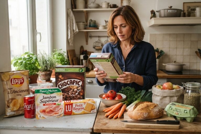 Femme lisant l'étiquette d'une boîte de céréales, entre produits industriels et légumes, pain et œufs sur un plan de travail