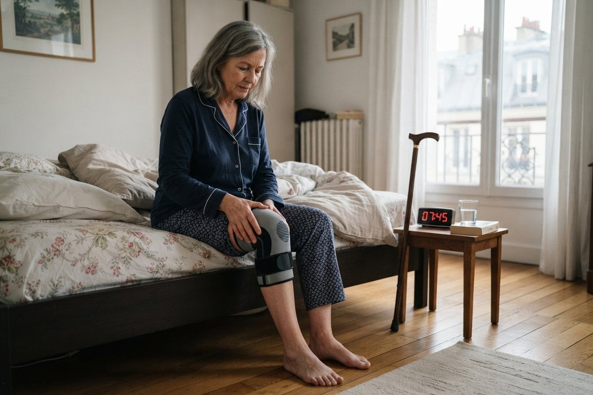 Femme d'une soixantaine d'années assise au bord de son lit, la main posée sur son genou équipé d'une genouillère
