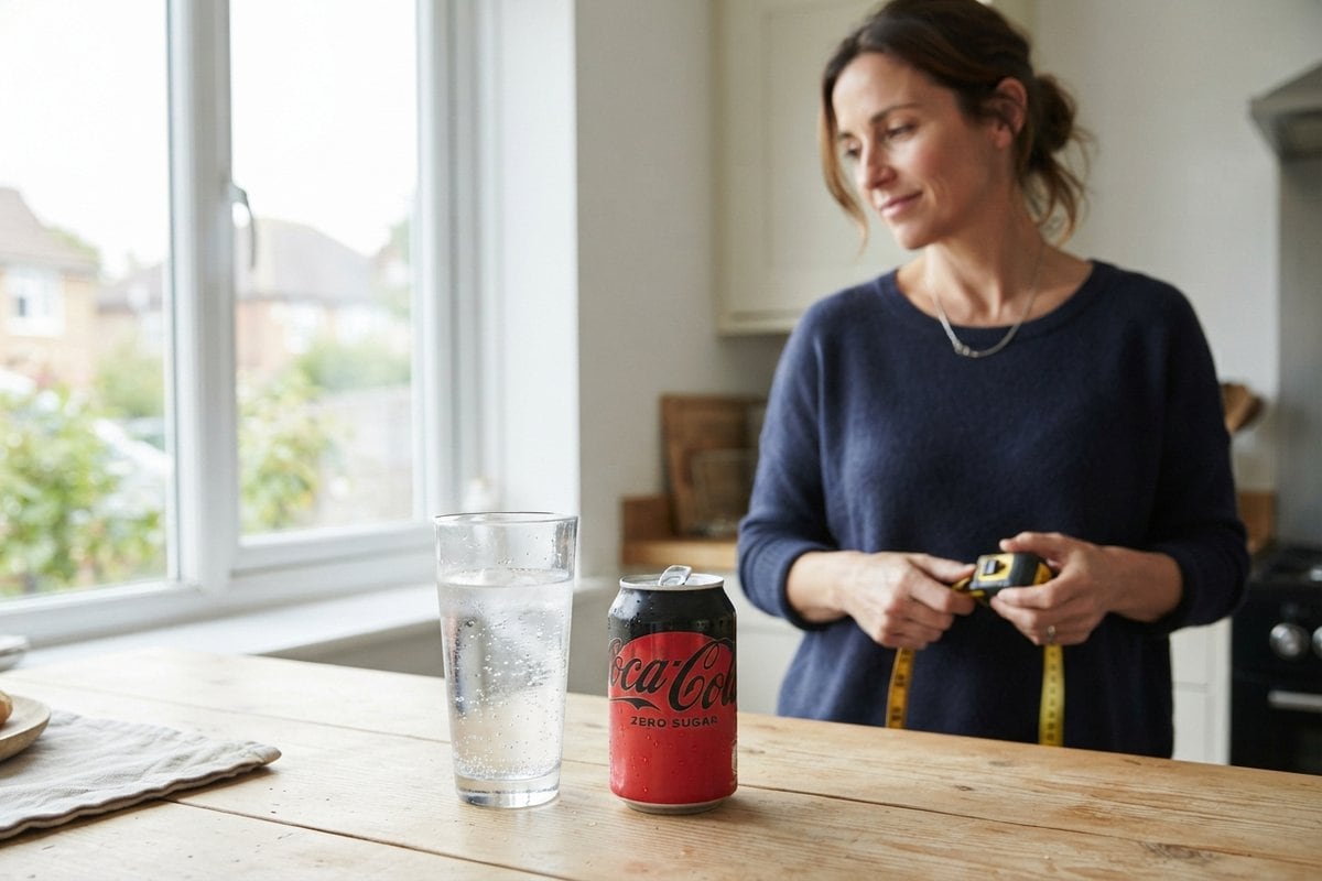 Verre d'eau et canette de Coca-Cola Zero Sugar sur une table en bois, une femme tenant un mètre ruban en arrière-plan