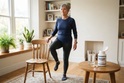 Femme âgée en équilibre sur une jambe, la main sur une chaise, près d'un flacon de calcium et d'un verre d'eau