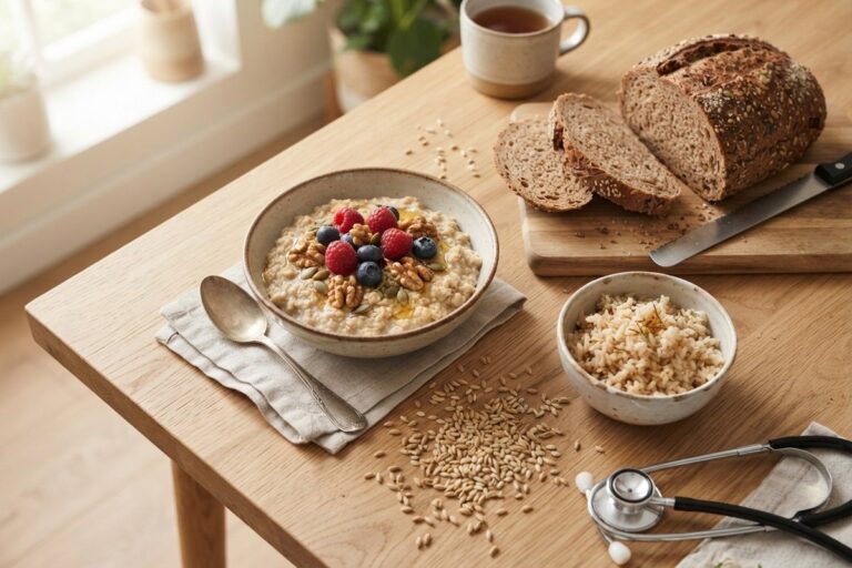 Bol de flocons d'avoine, pain complet tranché, riz complet et grains de blé sur une table en bois
