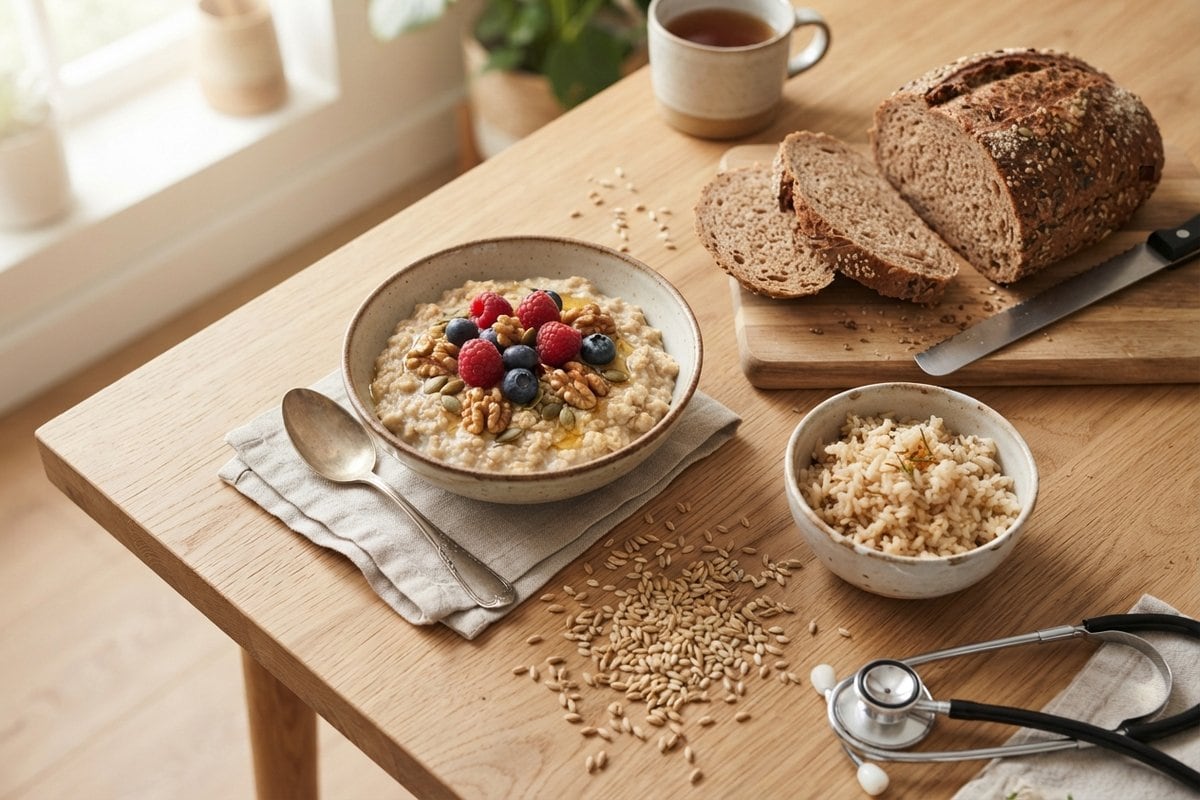 Bol de flocons d'avoine, pain complet tranché, riz complet et grains de blé sur une table en bois