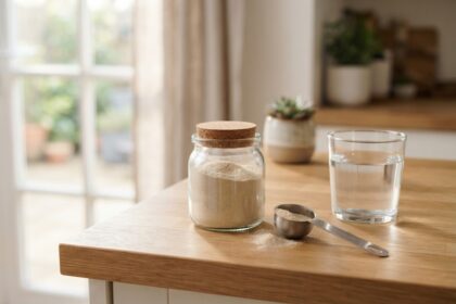Bocal en verre rempli de poudre de collagène beige, cuillère doseur et verre d'eau sur un plan de travail en bois clair