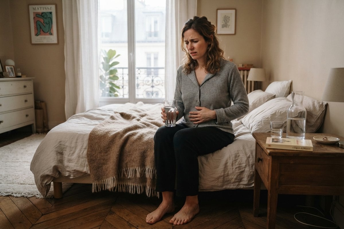 Femme assise au bord de son lit, un verre d'eau à la main et l'autre posée sur le ventre, le visage crispé