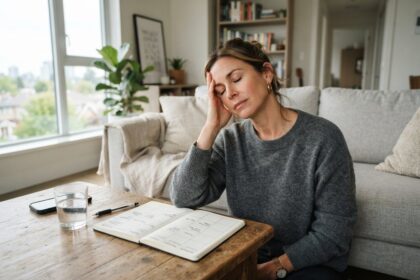 Femme en pull gris, yeux fermés et main sur le front, près d'une table basse avec un agenda ouvert et un verre d'eau