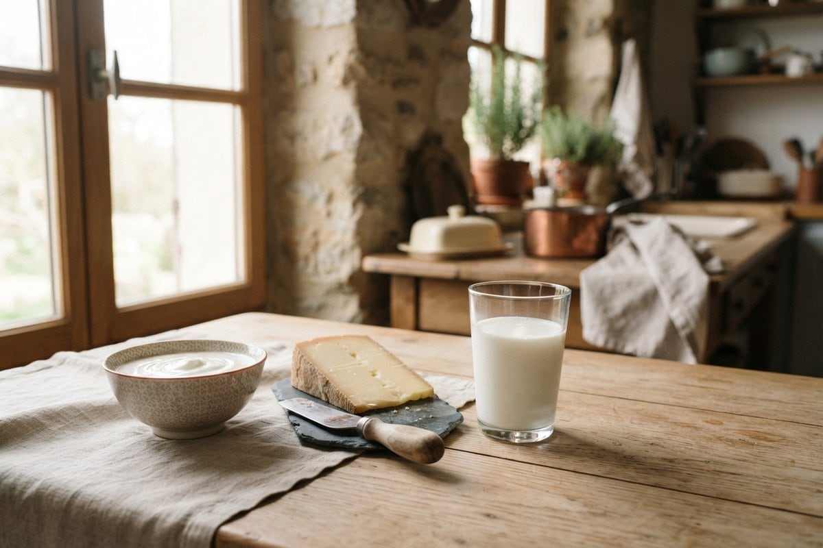Verre de lait, bol de yaourt et part de fromage posés sur une table en bois dans une cuisine ancienne