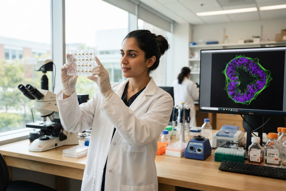 Une chercheuse en blouse blanche examine une plaque de culture devant un écran montrant un organoïde intestinal coloré