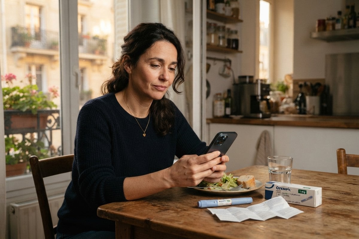 Femme à une table de cuisine avec son smartphone, une assiette, un stylo injecteur et une boîte de médicament