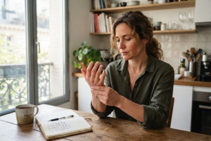 Femme assise à une table de cuisine qui masse le dos de sa main, une tasse de thé et un carnet ouvert devant elle