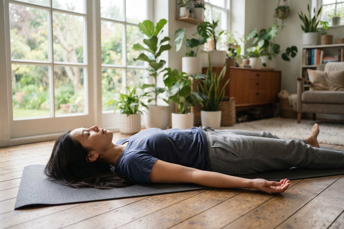 Femme allongée sur le dos sur un tapis, yeux fermés et bras détendus, dans un salon lumineux plein de plantes
