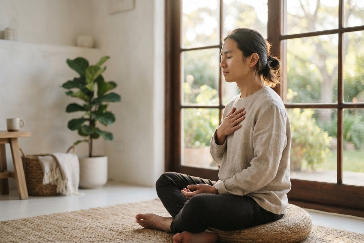 Une personne assise en tailleur près d'une fenêtre, yeux fermés et main sur la poitrine, en pleine respiration lente.