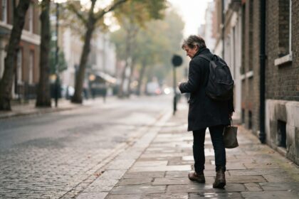 Un homme seul, de dos, marche dans une rue pavée déserte au petit matin, l'air pensif