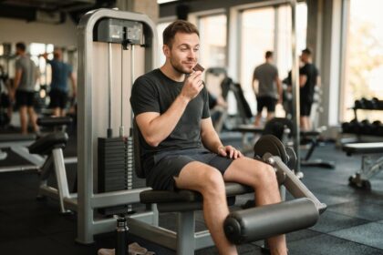 Un homme assis sur une machine de leg extension dans une salle de sport sent un carré de chocolat noir