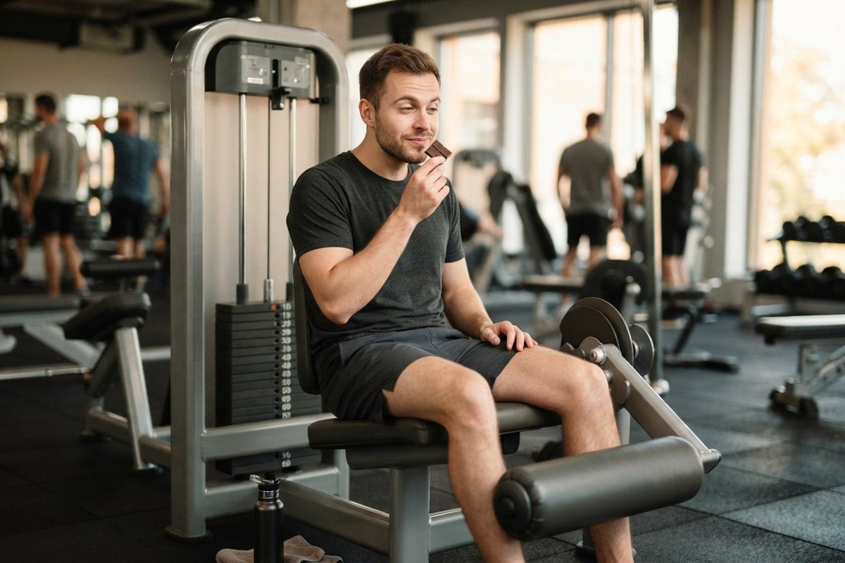 Un homme assis sur une machine de leg extension dans une salle de sport sent un carré de chocolat noir