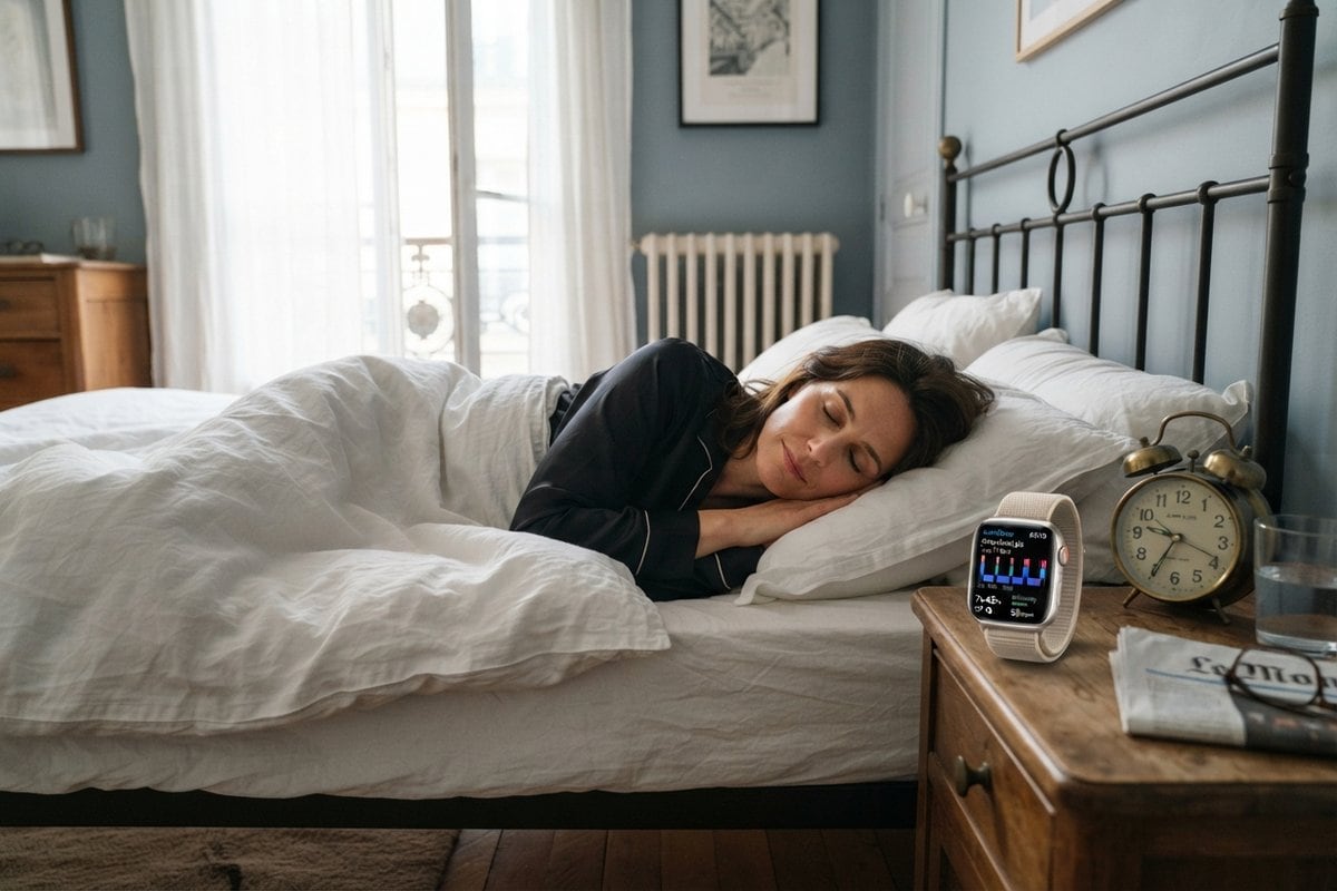 Femme endormie dans un lit aux draps blancs, montre connectée et réveil posés sur la table de chevet