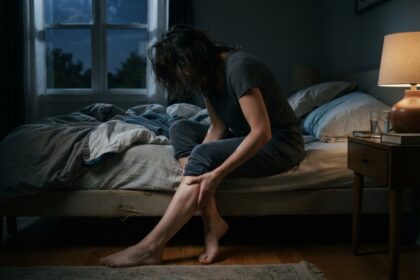 Une personne assise au bord d'un lit la nuit, penchée en avant, masse sa jambe dans une chambre faiblement éclairée.