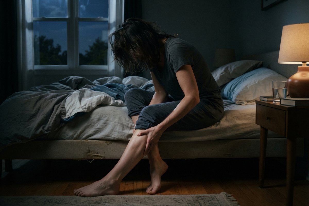 Une personne assise au bord d'un lit la nuit, penchée en avant, masse sa jambe dans une chambre faiblement éclairée.